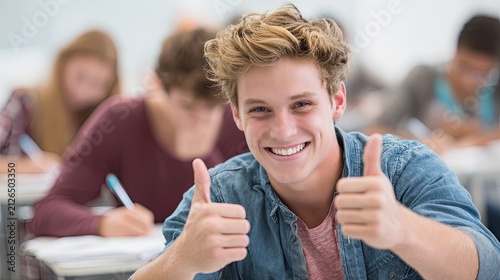 Happy Male Student Giving Thumbs Up in Classroom