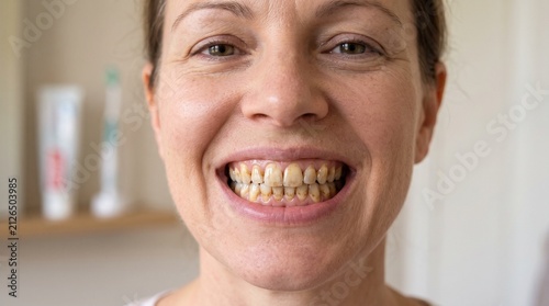 A close-up shot of a smiling woman revealing severely yellowed and stained teeth, indicating poor dental hygiene or significant discoloration.