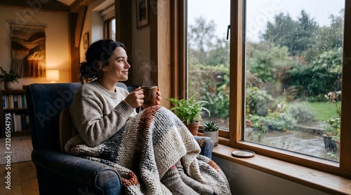 Woman enjoying hot drink by window on rainy day cozy indoors