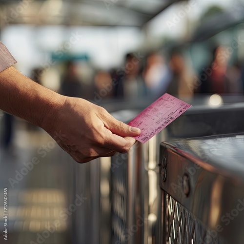 Hand Presenting Pink Ticket at Turnstile for Entry