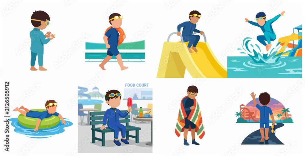 Fototapeta premium Set of vector illustrations of a boy enjoying summer activities at a water park, including swimming, sliding, and eating ice cream.