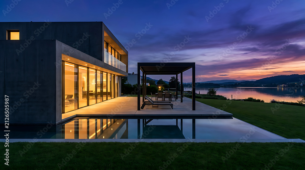 Naklejka premium Modern luxury concrete house with infinity pool and sunset view over the lake