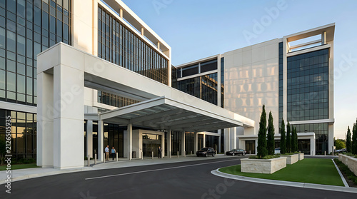Modern Corporate Office Building Exterior With Large Entrance Canopy and Landscaping