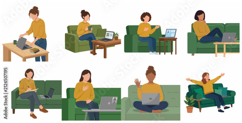 Flat vector illustration set of women working from home on laptops, sitting on sofas, and telecommuting in a cozy home environment