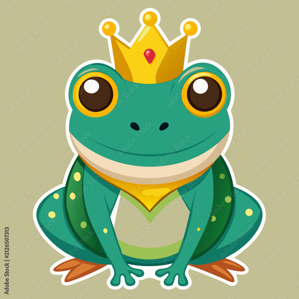 Fototapeta premium Green frog wearing a golden crown colorful vector illustration