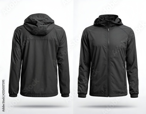 Black technical hooded jacket front and back view.