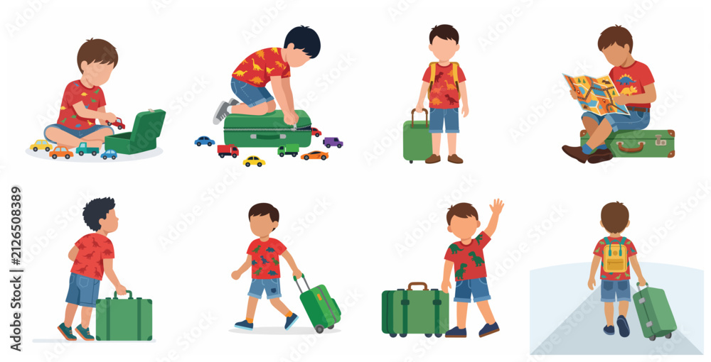 Fototapeta premium Set of illustrations of a little boy preparing for travel, packing toys, reading a map, and carrying suitcases for a vacation trip.