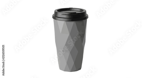 Vector illustration of modern geometric reusable coffee cup with black lid on a transparent background