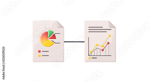Vector illustration of business report documents with pie chart and line graph icons on a transparent background