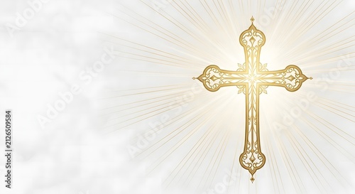Golden christian cross with glowing light rays