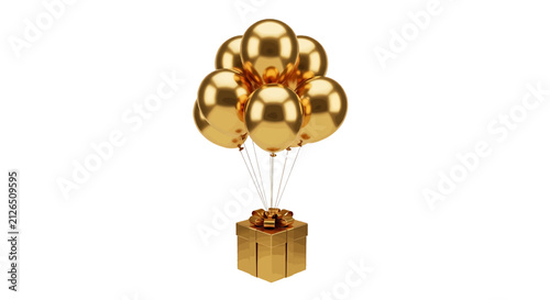 Vector illustration of a golden gift box floating with a bunch of golden balloons on a transparent background
