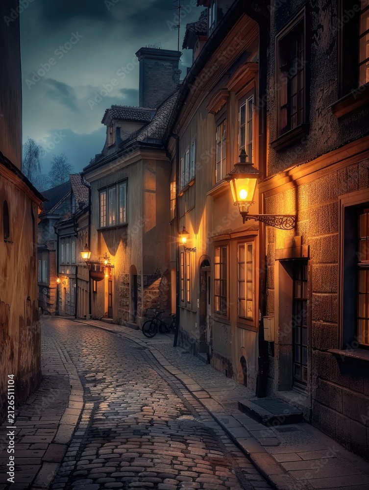 Fototapeta premium Mysterious and Atmospheric Narrow Cobblestone Street in a Historic European Old Town at Twilight Illuminated by Warm Lanterns