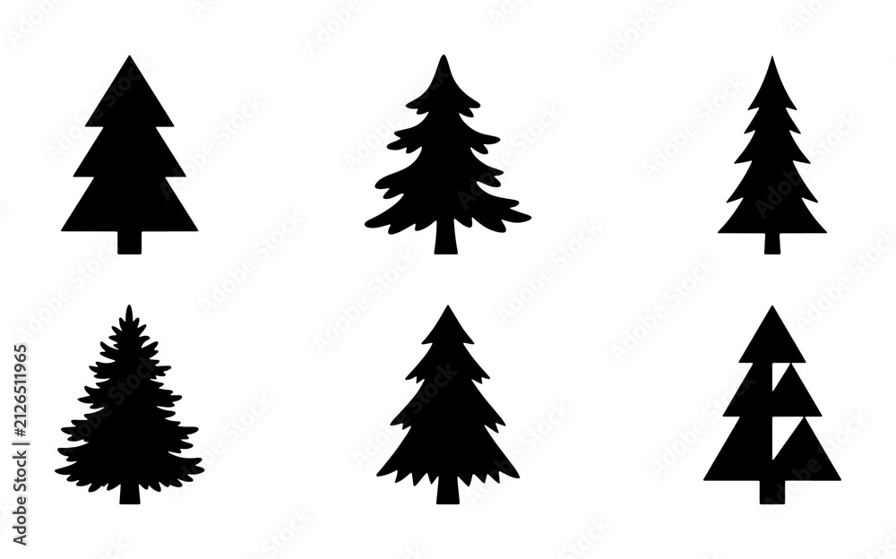 Obraz premium Six Black Silhouette Christmas Tree Icons, Pine Tree Vector Graphics, Winter Forest Elements, Holiday Season Symbols