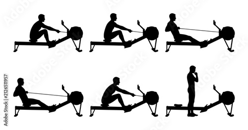 Rowing Machine Exercise Sequence, Fitness Silhouette Set, Cardio Workout Steps Vector