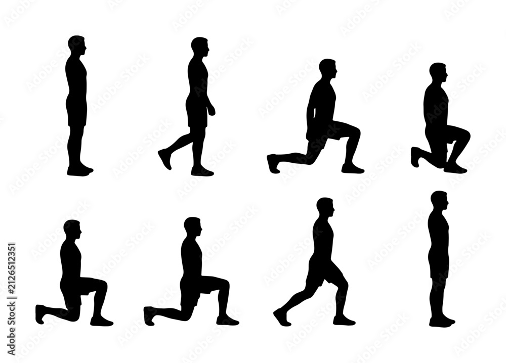 Obraz premium Fitness Exercise Silhouette: Lunges Sequence, Workout Step Guide, Human Body Movement Icons
