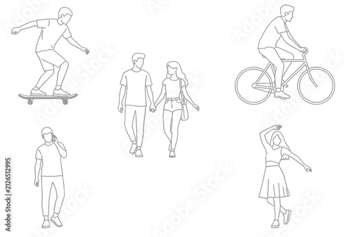 Line art illustration depicting various people engaged in everyday activities