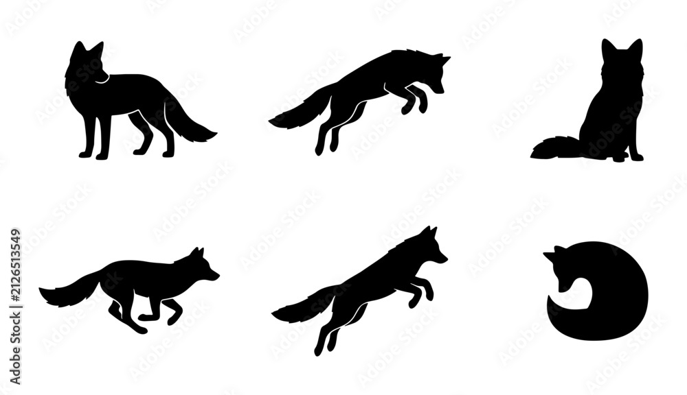 Obraz premium Vector Fox Silhouettes, Wild Animal Poses, Woodland Creature Graphics, Nature Icon Set