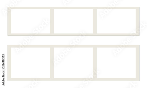 Double horizontal film strip frames with three blank rectangles each for photo gallery.