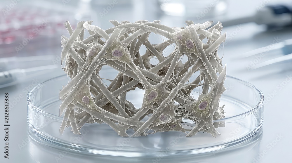 Fototapeta premium Microscopic biodegradable tissue scaffold supporting natural cell attachment and regeneration, biofabrication technology