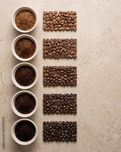 Coffee beans at various roasting stages, from light to dark, visually arranged next to corresponding bowls of ground coffee.