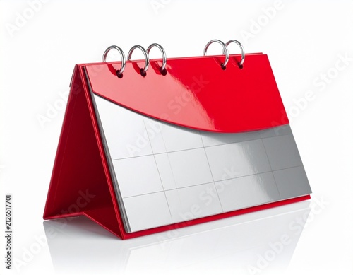Red and silver blank calendar with metal rings, isolated on white background
