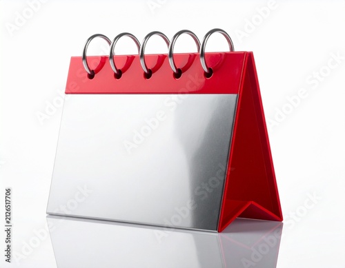 Red and silver blank calendar with metal rings, isolated on white background
