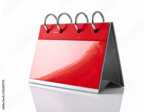 Red and silver blank calendar with metal rings, isolated