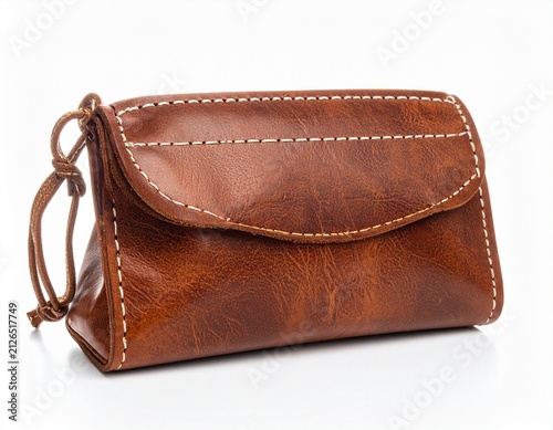 Brown leather drawstring pouch with white stitching, isolated on white