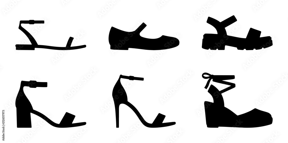 Obraz premium Six Black Silhouette Shoe Styles: Sandals, Flats, Wedges, Heels, Fashion Vector Collection