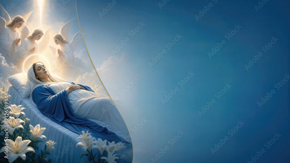 Obraz premium Woman lying on deathbed with angels in sky. Dormition of the Mother of God artistic depiction. Religious celebration, spiritual transition, Christian concept of eternal life and peace.