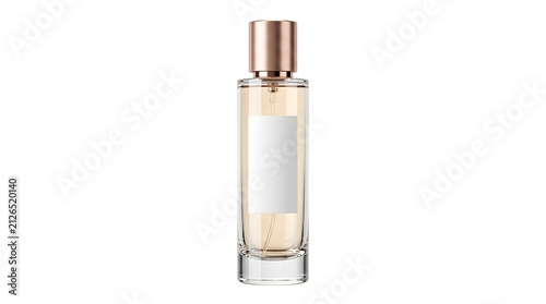 Elegant glass perfume bottle with a rose gold cap and a blank white label for branding design isolated on white background