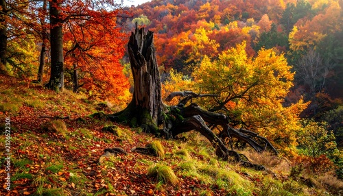Autumn forest path with fallen leaves and sunlight.