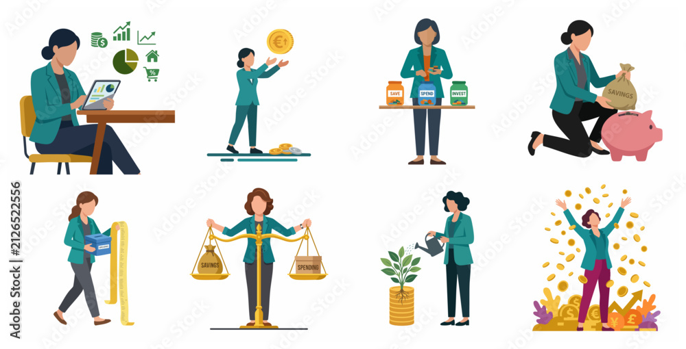 Fototapeta premium Set of business woman characters managing money, budgeting, saving and investing