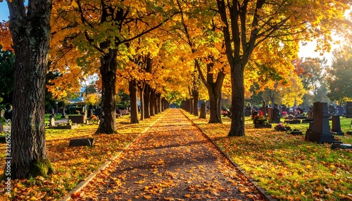 Autumn forest path with fallen leaves and sunlight.