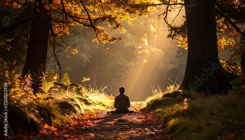 Autumn forest path with fallen leaves and sunlight.