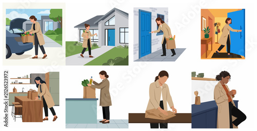 Konstfotografi Vector illustration set of a woman returning home with groceries, unloading car,