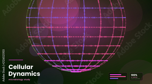 Foto Futuristic cellular dynamics visualization background with abstract microbiology network, spherical data grid and digital research interface