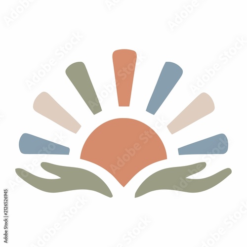 Minimalist sun rising above stylized hands illustration in soft boho color palette with minimalist abstract wellness spirituality illustration community connection humanity protection