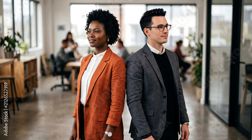 Professional multiethnic business colleagues standing back to back in a modern office workplace