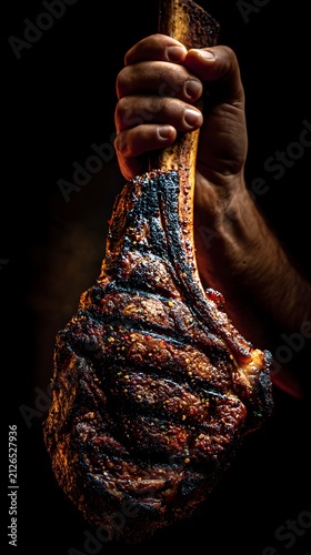 Large Bone In Ribeye Steak Held by Hand Premium Grilled Beef Restaurant Food