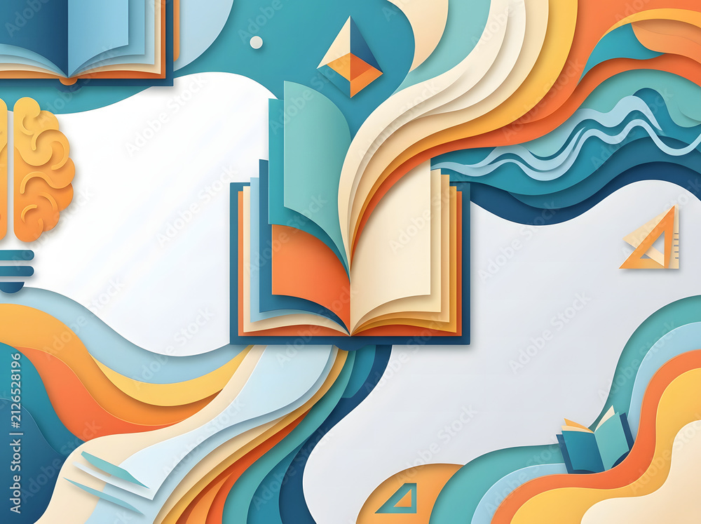 Obraz premium Abstract paper cut illustration of open book with flowing colorful waves and creative brain symbol representing knowledge and imagination art.
