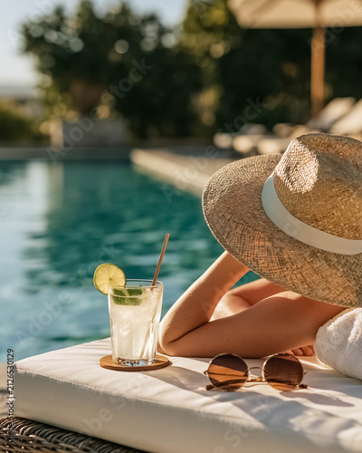 Woman Relaxing on Sun Lounger by Swimming Pool with Refreshing Drink