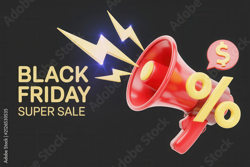 Black Friday sale megaphone with percent sign. 3D marketing banner for discount promotion.