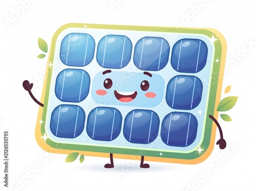 Cute smiling solar panel cartoon character with arms and leaves