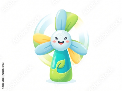 Cute cartoon wind turbine with smiling face and colorful petals