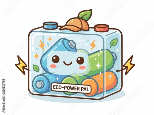 Cute Eco-Friendly Battery Mascot with Leaf and Lightning Bolts