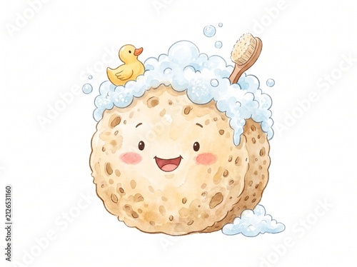Cute smiling sponge with soap bubbles and rubber duck