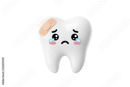 Sad tooth character with a bandage. Crying dental icon for pediatric dentistry concept.