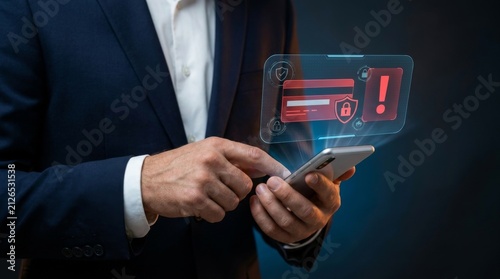 Businessman holding smartphone with a red credit card fraud alert and digital security hologram interface for financial protection and cybercrime prevention.