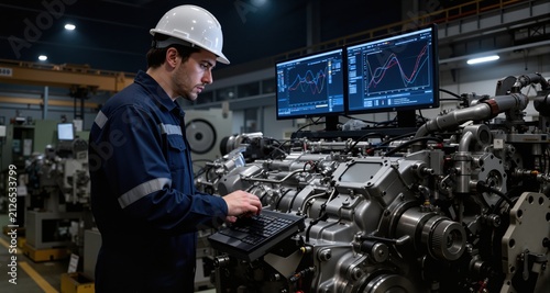 Systems engineer deeply focused on complex machinery and analysis in an industrial environment at night Generative AI

